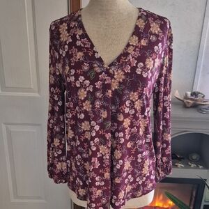 Vince Camuto Floral V-Neck Blouse - Burgundy